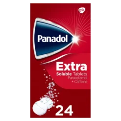 A picture of a red box of panadol extra soluble tablets. This is a box of 24 tablets.