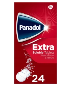 A picture of a red box of panadol extra soluble tablets. This is a box of 24 tablets.