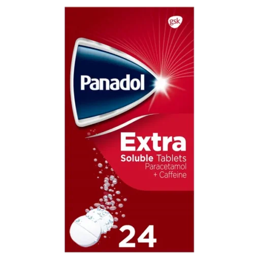 A Picture Of A Red Box Of Panadol Extra Soluble Tablets. This Is A Box Of 24 Tablets.