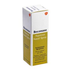 Product image Beconase Aqueous Nasal Spray. Yellow and white packaging