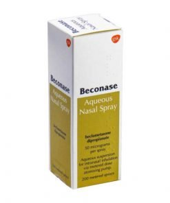 Product image Beconase Aqueous Nasal Spray. Yellow and white packaging