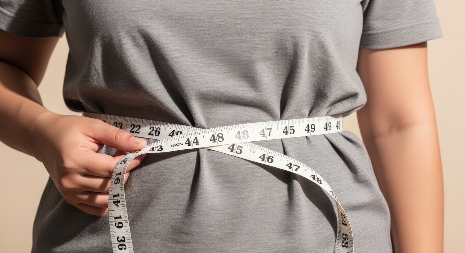 A woman measuring her waist, thinking about taking orforglipron